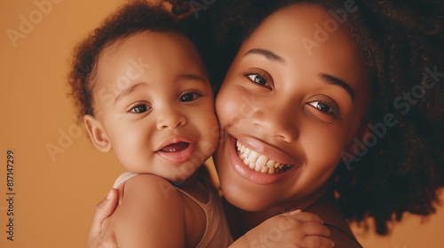 Happy young African American mom hold in hands hug cute little ethnic baby toddler show love care. Smiling biracial mother embrace cuddle small newborn infant child. Motherhood, childcare concept. 