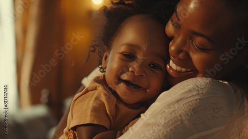 Happy young African American mom hold in hands hug cute little ethnic baby toddler show love care. Smiling biracial mother embrace cuddle small newborn infant child. Motherhood, childcare concept. 