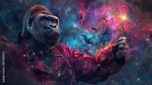 A Gorilla wearing a red smoking jacket holds a lit match in front of a beautiful nebula in deep space.