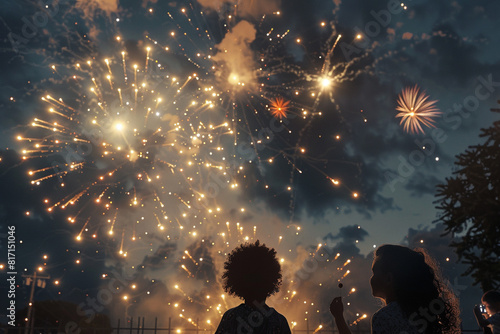 A family setting off fireworks to celebrate Juneteenth, the sky illuminated with bursts of colorful light. 