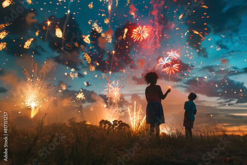 A family setting off fireworks to celebrate Juneteenth, the sky illuminated with bursts of colorful light. 