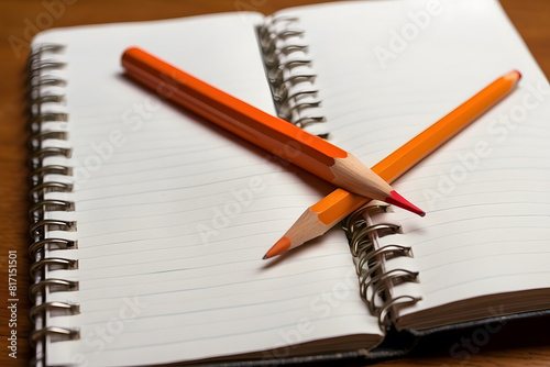  A basic orange-colored pencil sits on a collection of empty pages in a school notebook, representing the idea of going back to school The arrangement is a model with available room for additional