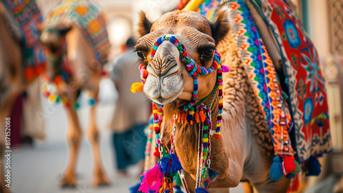 elegant camel adorned with colorful blankets and ornaments, standing proudly beside its owner