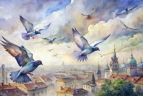 A picturesque painting of homing pigeons flying over a cityscape, showcasing the urban aspect of pigeon racing competitions