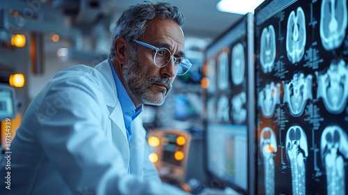 An orthopedic surgeon intently reviews a knee joint x-ray film, his expression focused, in a well-equipped radiology unit, with MRI and CT scans displayed