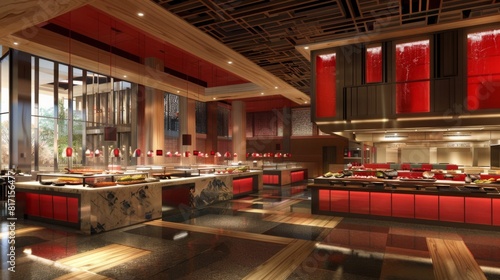 A spacious buffet restaurant featuring a sleek design with red accents, elegant lighting, and a wide variety of food stations in a modern setting.