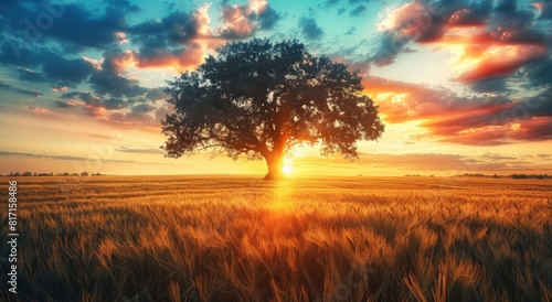 sunset over the field, A single tree stands in the middle of an open field, surrounded by tall grass and wheat fields under a beautiful sunset sky.