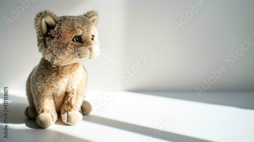 A cat plushie doll stands alone on a white background casting a soft shadow