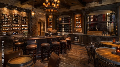 A rustic wine cellar bar with wooden furnishings, dim lighting, and a wide selection of wine bottles. Comfortable stools line the bar, creating an inviting atmosphere.