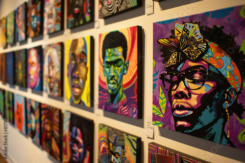 A vibrant display of Juneteenth artwork, showcasing portraits of influential figures and symbols of the holiday. 