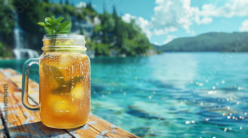 A condensation-covered mason jar filled with sweet iced tea and a sprig of mint, sitting on a wooden dock overlooking a crystal-clear lake.