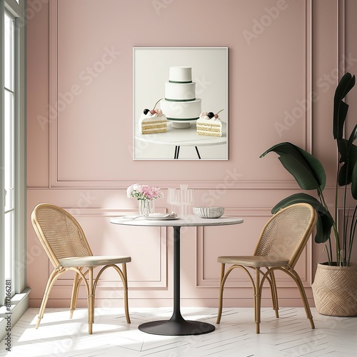 Frame mockup, balcony dining room with rattan chairs and table, framed wall poster, 3D render