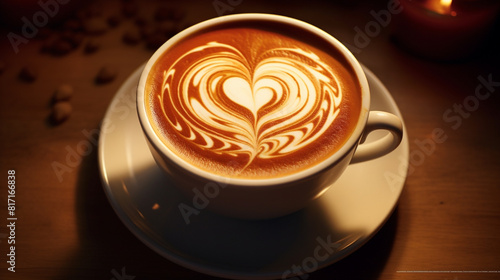 A latte art masterpiece in a cappuccino cup, depicting a swirling heart design.