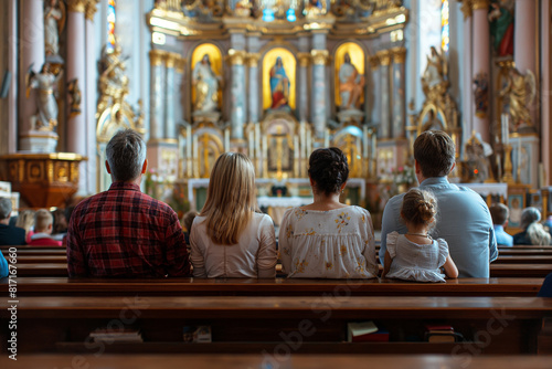 Family of three sitting on the pews in church and praying together