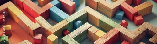 Abstract top-down view of a wooden maze with geometrically shaped paths and vivid blocks and cubes, focus on playful design, vibrant, Manipulation, educational play area backdrop
