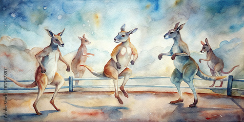 A group of kangaroos hopping around a boxing ring, playfully mimicking human boxers 
