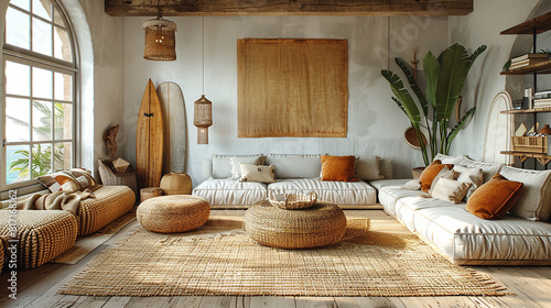 A boho beach retreat living room with rattan furniture, surfboards, and coastal decor 