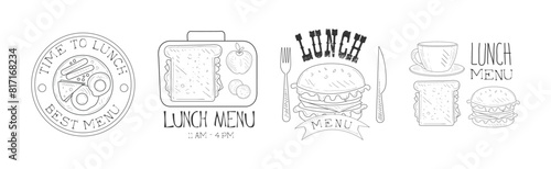 Lunch Menu Hand Drawn Monochrome Sign Design Vector Set