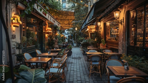 Tables and chairs arranged in a narrow alleyway, creating a cozy outdoor dining space with an urban atmosphere.