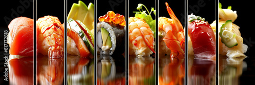 A row of assorted sushi neatly laid out on a black background, showcasing different types of sushi rolls and sashimi pieces