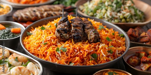 A diverse Eid feast featuring biryani, kebabs, and sweets. Concept Eid Celebration, Diverse Cuisine, Biryani Variety, Kebab Delights, Sweet Treats