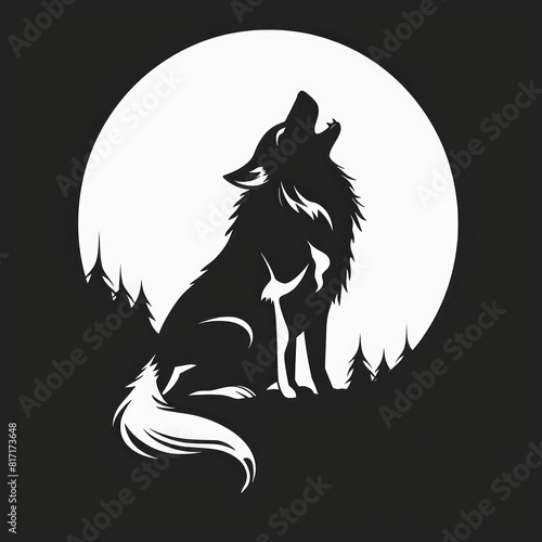 lone wolf howling illustration silhouette, logo style, black and white colors 
