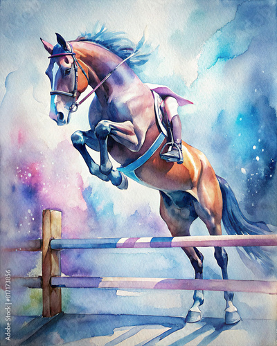 A breathtaking moment in show jumping is depicted in a watercolor painting, as a horse clears a high jump with effortless grace.