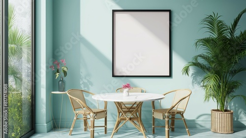 Frame mockup, balcony dining room with rattan chairs and table, framed wall poster, 3D render
