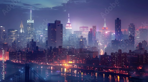 Cityscape with historical landmarks illuminated by modern lights, Night, Realism, Soft colors, Digital art, Timeless contrast