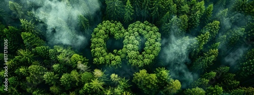 CO‚ÇÇ print Forest: Aerial view of a forest shaped like a "CO‚ÇÇ" print.
