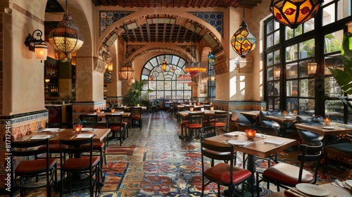 Charming evening view of a Spanish-themed restaurant with vibrant tiles, arched windows, and warm lighting, creating a cozy and inviting ambiance.