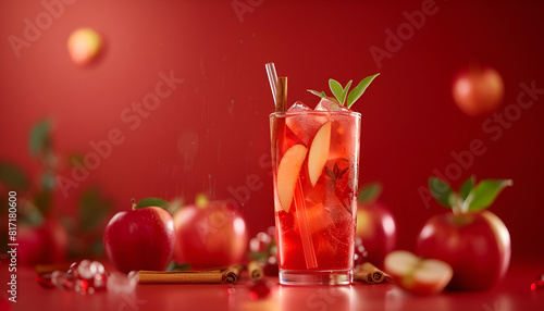 apple mocktail with cinnamon, red flat background