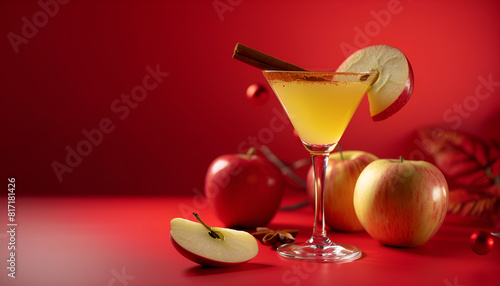 apple mocktail with cinnamon, red flat background