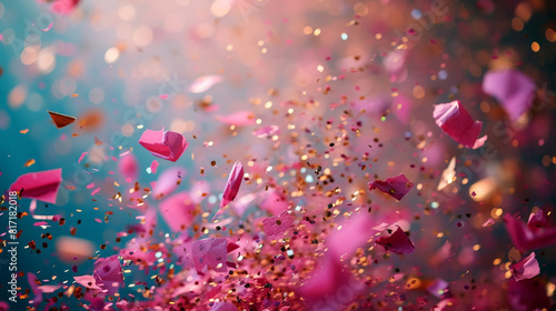 Pink confetti descends against a dark backdrop, creating a striking contrast with its vivid color