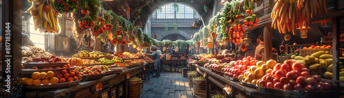 Illustrate an unconventional camera angle showcasing a bustling marketplace with vendors creating molecular gastronomy dishes, merging art and science seamlessly