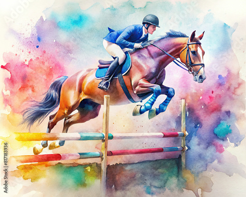 A dynamic watercolor painting capturing the intensity and excitement of a show jumping competition, with horses soaring over colorful jumps