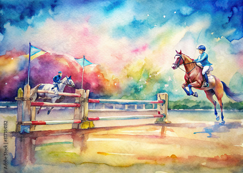 A picturesque scene of a show jumping course, with vibrant watercolors depicting the excitement and challenge of the sport.