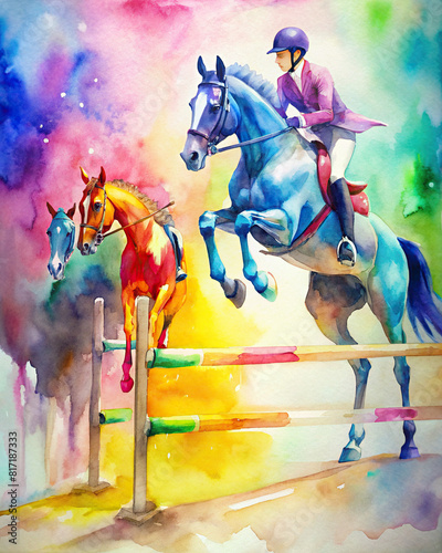 A colorful watercolor painting captures the dynamic nature of show jumping, with horses and riders in mid-air over challenging obstacles.