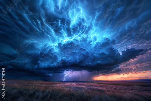 Capture the sublime beauty of a thunderstorm in a minimalist style with a wide-angle view, emphasizing dramatic clouds and a hint of lightning, using unexpected camera angles