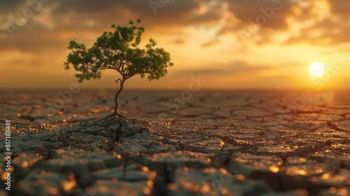 A small tree grows amidst the cracked texture of dry barren land, with a sunset in the background