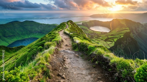Mountain landscape with hiking trail and view of beautiful lakes Ponta Delgada, Sao Miguel Island