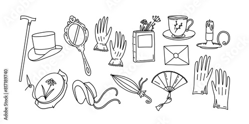 Doodle set of Jane Austen era elements. Vector Georgian and Regency era collection. Mirror, gloves, hat, umbrella, book, flowers, candle, tea cup, fan, cane, letter. 18th-19th centuries of Britain