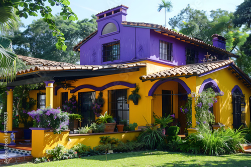 A vibrant purple and yellow hacienda-style house