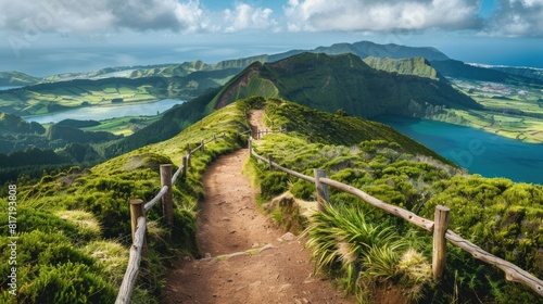 Mountain landscape with hiking trail and view of beautiful lakes Ponta Delgada, Sao Miguel Island