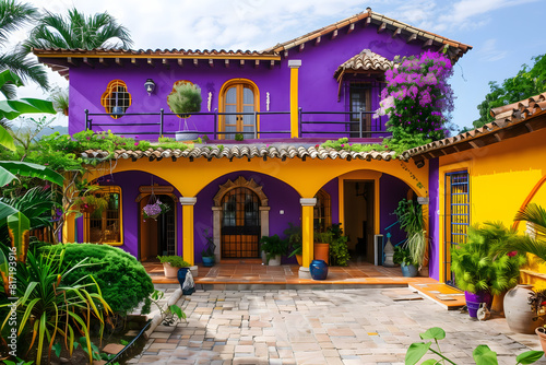 A beautiful yellow and purple colored hacienda