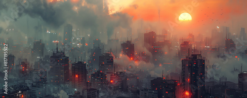 Capture a Close-up shot of a Dystopian cityscape with gritty details