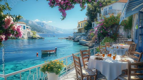 A charming Greek island village with a blue sea, white buildings and colorful flowers. Tables are set for breakfast on the terrace overlooking the water. Generative AI.