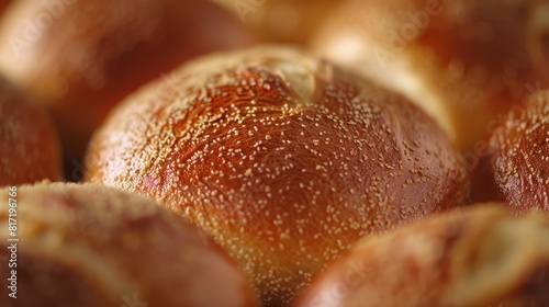 Detailed macro shot of ciabatta buns showcasing their crusty shell and fluffy core, ideal for showcasing in gourmet burger ads, dynamic, Blend mode, bakery setting backdrop
