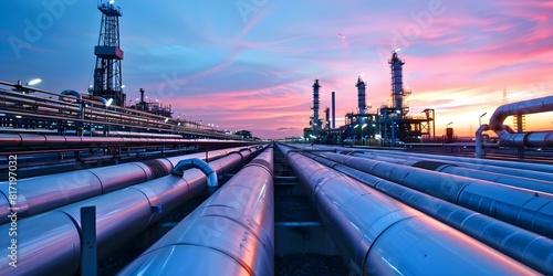 An oil pipeline in operation during the refining process of oil. Concept Oil Pipeline, Refining Process, Energy Industry, Industrial Machinery, Environmental Impact