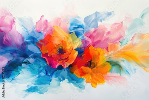 Beautiful ink and watercolor flower in blue, yellow, oink and purple on white background, banner.